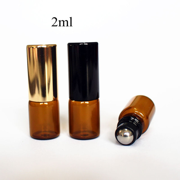 2ml Amber Thin Glass Roll on Bottle with Metal Roller Ball Glass Perfume Roll-On Vials Essential Oil Bottle with Black Gold Cap