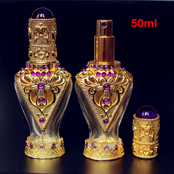 50ML Big Perfume Spray Bottle Vintage Arab Style Glass Perfume Bottle Antiqued Retro Hollow Flower Alloy Bottle Wedding Craft Gift