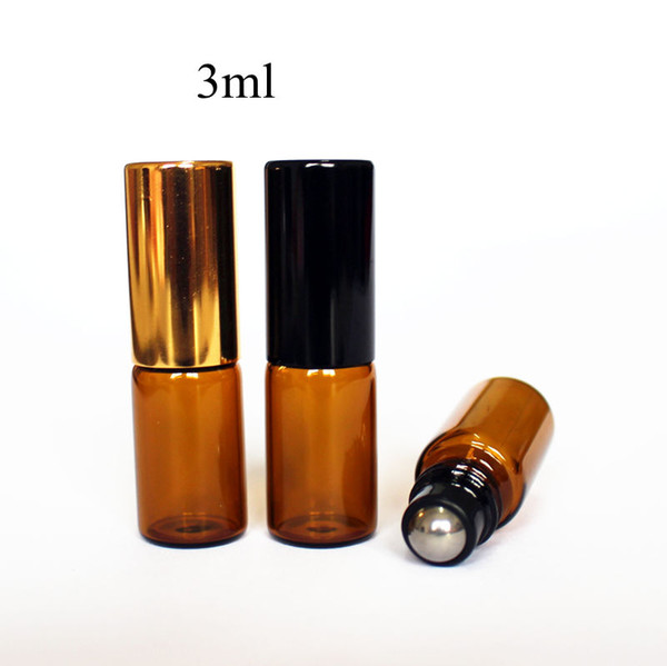 3ml Amber Thin Glass Roll on Bottle with Metal Roller Ball Glass Perfume Roll-On Vials Essential Oil Bottle with Black Gold Cap