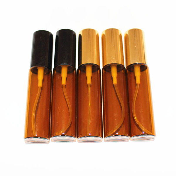 10ML Amber Glass Bottle Glass Spray Bottle Perfume Atomizer with Aluminum Gold Black Cap Mini Sample Vials Thin Glass Bottle