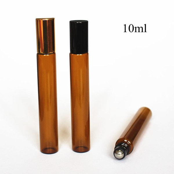 10ml Amber Thin Glass Roll on Bottle with Metal Roller Ball Glass Perfume Roll-On Vials Essential Oil Bottle with Black Gold Cap