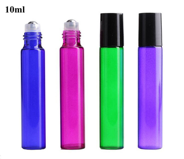 10ml Roll on Bottle with Glass/Metal Roller Ball Refillable Perfume Vials Essential Oils Container Pink/Blue/Green/Purple