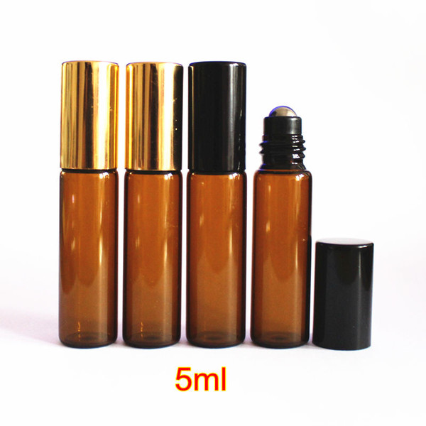5ml Amber Thin Glass Roll on Bottle with Metal Roller Ball Glass Perfume Roll-On Vials Essential Oil Bottle with Black Gold Cap