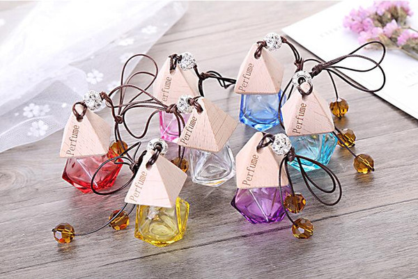 8ml Glass Car Hanging Perfume Bottles Car Pendant Accessories Air Freshener Carrier Essential Oil Hang Rope Bottle with Elegant Wooden Cap