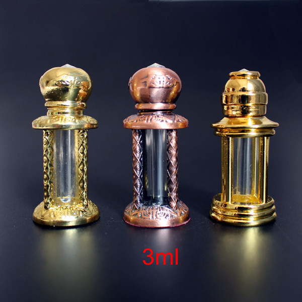 3ml Metal Glass Perfume Bottle Arab Style Alloy Essential Oils Bottle Vials with Glass Dropper Sample Test Bottle Gold Bronze