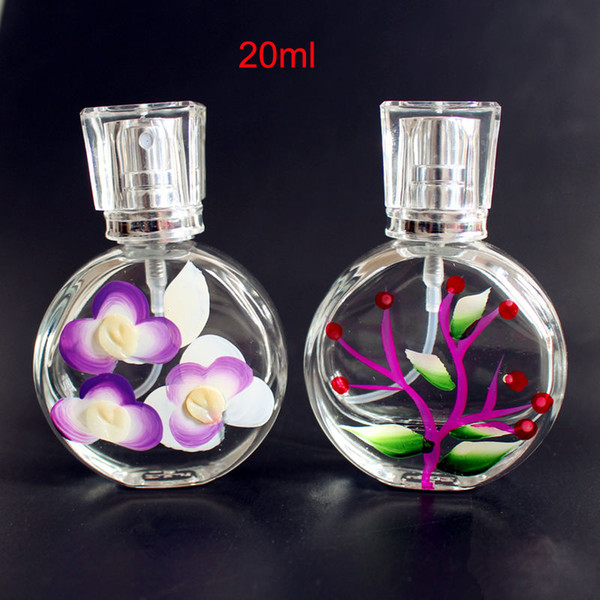 New Arrival Handmade 20ml Glass Empty Perfume Bottles with Flower Decoration 20cc Clear Spray Glass Refillable Bottle Atomizer