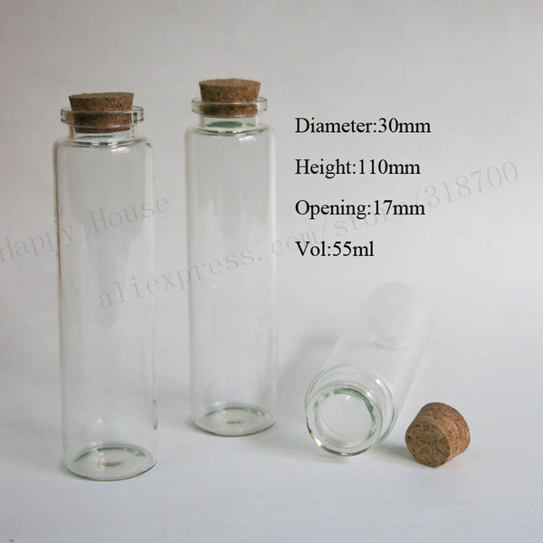 20 x 55ml empty glass bottle with cork ,50cc cork stoppers bottle vials display glass container with cork lid