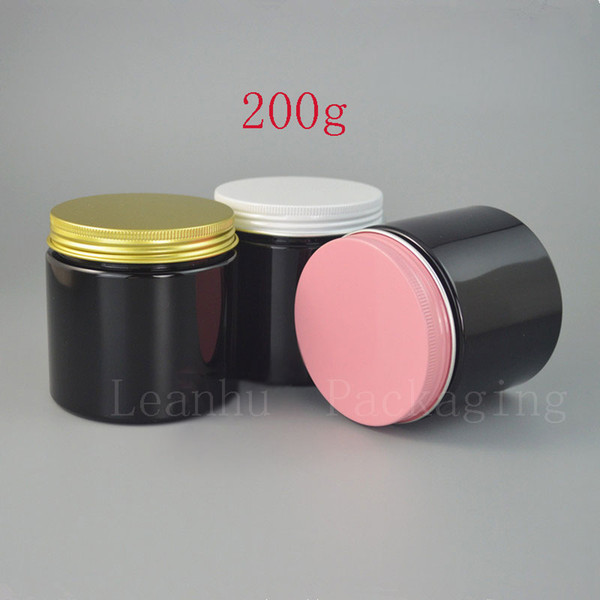 Empty Black Refillable Plastic Cream Jar Solid Perfumes Makeup Container With White / Pink/Gold Aluminum Screw Cap 200CC Bottle