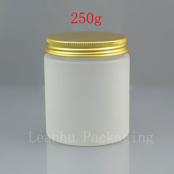 250g x 20 empty frosting white PET cream jar , 250cc cosmetic plastic refillable container , gold / white / pink aluminum cap