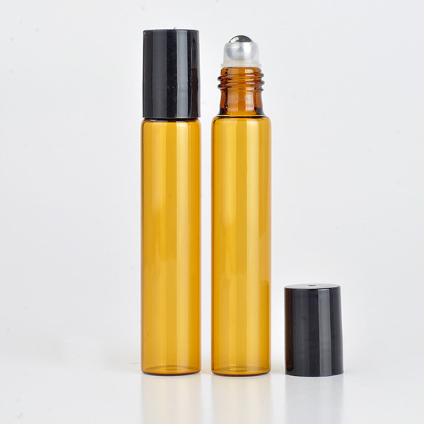 Wholesale 100Pieces/Lot 10 ML Roll On Portable Amber Glass Refillable Perfume Bottle Empty Essential Oil Case With Plastic Cap