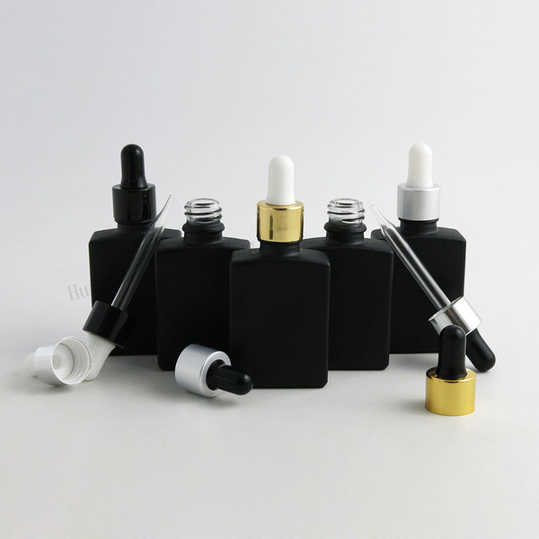 200 x 30ml Empty Frost Black Square Flat Glass Bottles With Aluminum Dropper 1oz Glass Dropper Container