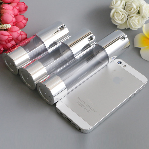 Make Up Airless Pump Bottle 15ml 30ml 50ml Silver Cosmetic Liquid Cream Container Lotion Essence Bottles for Travel 100pcs/lot