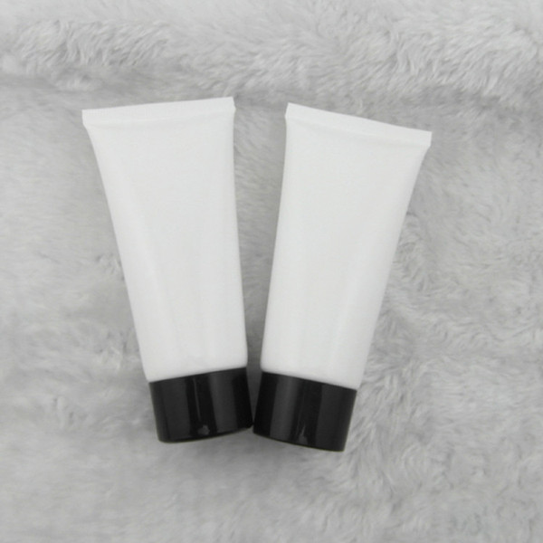 empty 50 ml 50pcs white plastic soft tube , wholesale 50ml white color lotion cream soft tube packaging with black screw cap
