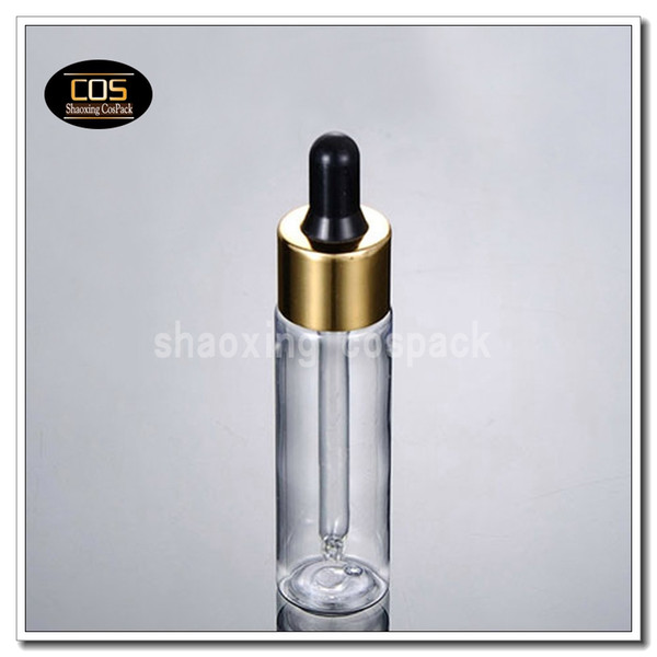 30ml empty PET clear dropper bottles with gold or silve ring and black or white rubber, plastic liquid dropper bottles wholesale