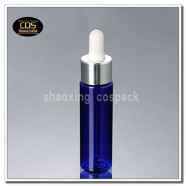 DB27 30ml empty blue round shape e liquid dropper bottles, 30 ml blue plastic cosmetic packaging bottle with dropper sealing
