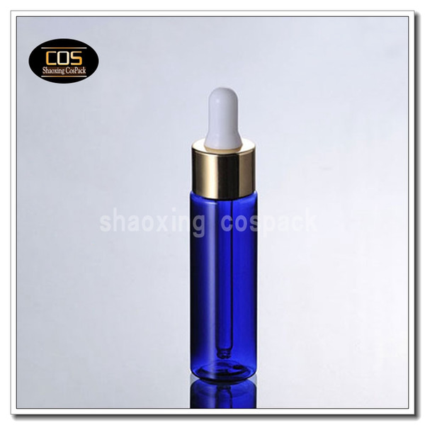 100pcs DB2 30ml blue plastic dropper bottles package for e liquid, 1oz blue skincare bottle packaging with gold ring dropper