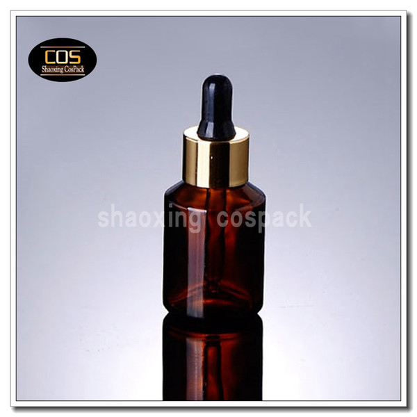 empty 1oz amber glass essential oil dropper packaging, 30ml round amber glass cosmetic bottle with gold dropper wholesale