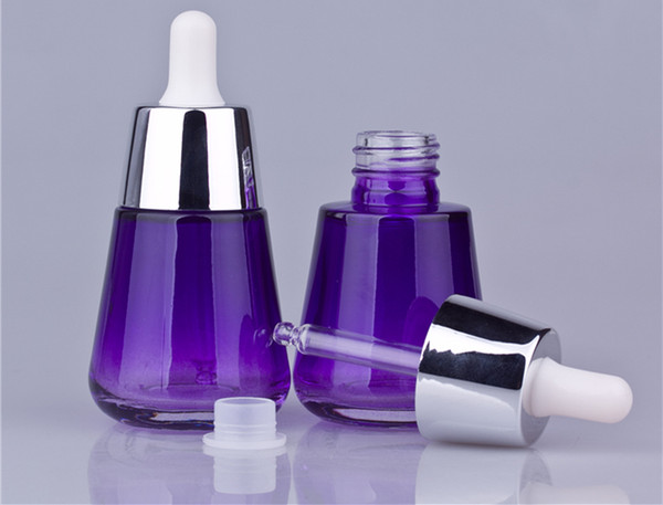 20pcs 30ml purple glass oil bottles, 30 ML silver cover cosmetics packaging for sale ,luxury 1 ounce dropper glass bottles empty