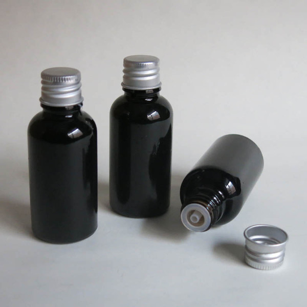 wholesale 100pcs 30ML Black Glass Bottle , Juice Serum container, 30ml Sample Vials Essential Oil Bottle with white screw cap