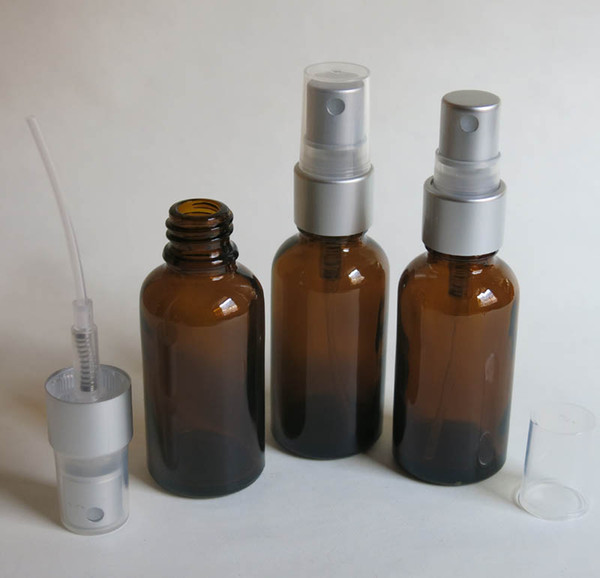 wholesale 100pcs 30ml amber glass bottle with lotion sprayer, 30 ml glass amber Essential Oil Spray Glass Bottle