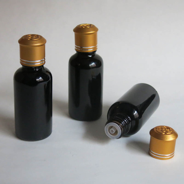 wholesale 30ML Black Glass Bottle , empty glass 1 ounce Juice Serum container , 30 ml Essential Oil Bottle with white screw cap