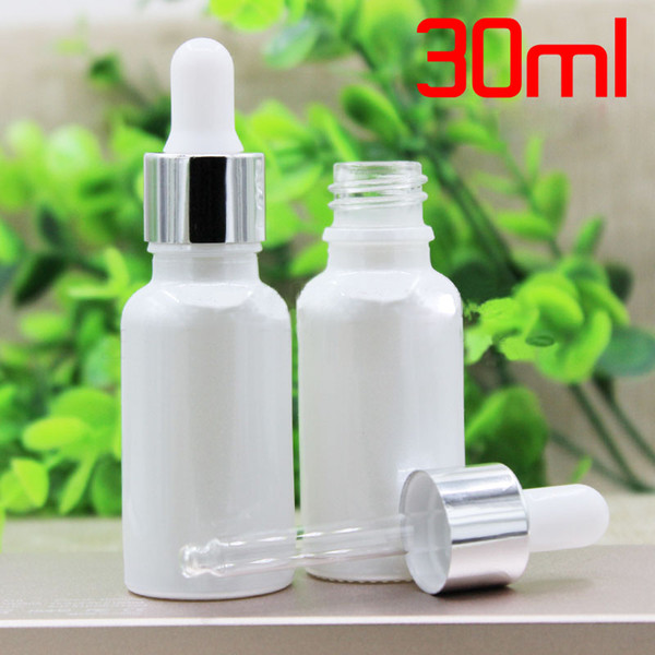 50pcs 30 ml pearl white Essential oil bottle / glass 30 ml Dropper bottles with silver aluminum cap / glass serum dropper bottle