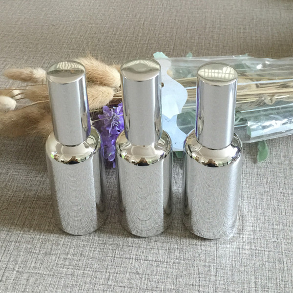 wholesale 50ml shiny silver glass bottle with pump, cosmetic packing bottle, Silver Glass Perfume Bottle