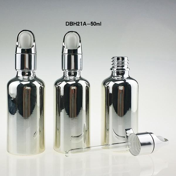 wholesale 100pcs silver 50ml glass essential oil bottle dropper , 50 ml empty essential oil glass dropper bottle for sale
