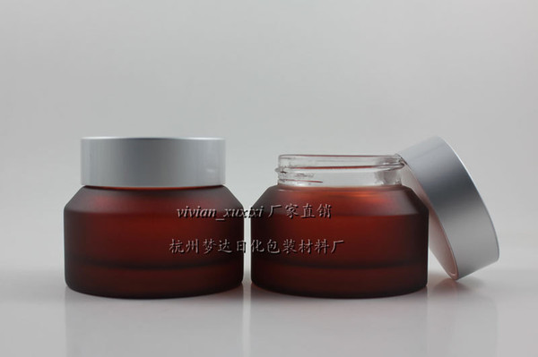 30pcs 50g rose red frosted glass cream jar with matte silver aluminum lid, empty glass 50g cosmetic contianer for mask cream