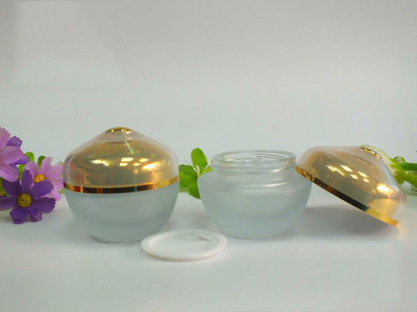 100pcs wholesale 30G glass white empty cosmetic jar with golden lids, 30 g glass jars cosmetics , 30 g glass jars for cosmetics