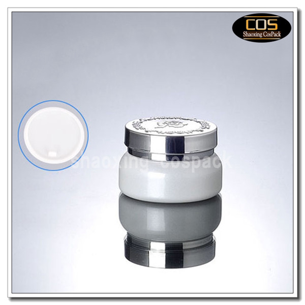 50pcs/lot 30g white glass cream jar with shiny silver lid, 30 gram cosmetic jar, 1oz cream glass container