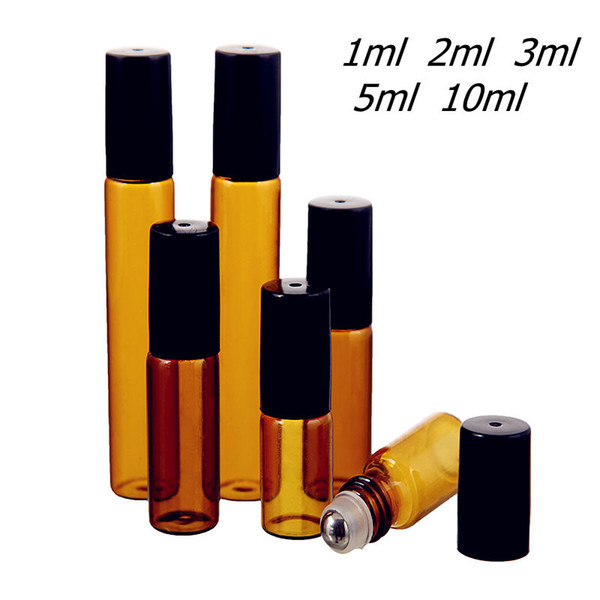 50pcs/lot 1ml 2ml 3ml 5ml 10ml Amber Thin Glass Roll on Bottle Sample Test Essential Oil Vials with Roller Metal /Glass Ball