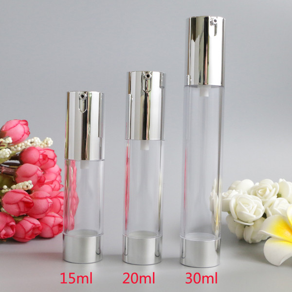 15ml 20ml 30ml Empty Airless Pump Bottles Silver Transparent Mini Portable Vacuum Cosmetic Treatment Pump Travel Bottle 10pcs