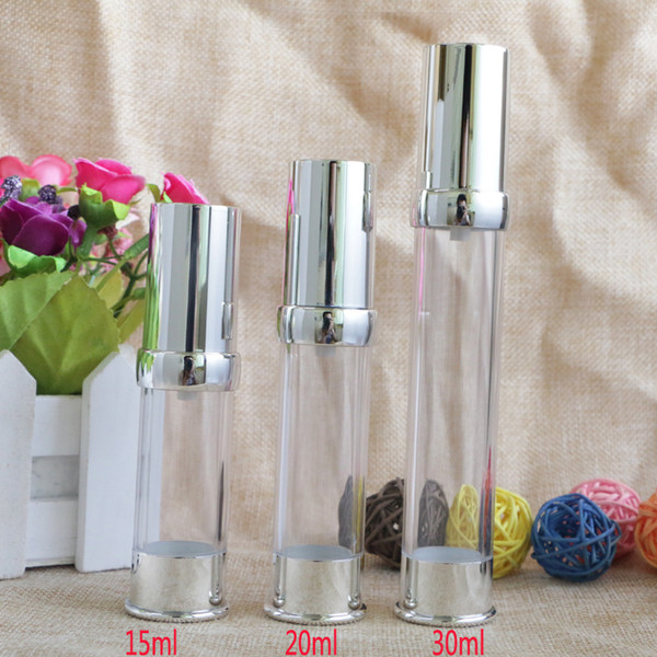 15ml 20ml 30ml Empty Silver Vacuum Refillable Lotion Bottles Airless Pump Sample Bottle Makeup Tools for Travel Set 100pcs/lot
