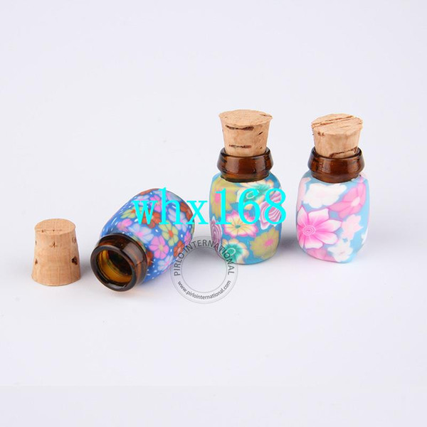 50pcs/lot Lovely 0.5ml Mini Glass Cork Bottle + Flower Desigh Polymer Clay Decorated 0.5 gram Sample Display Jar Mixed Colors