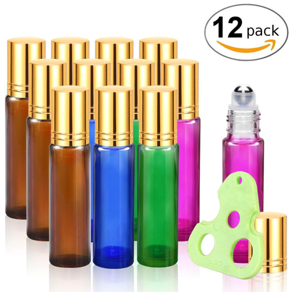 10ml Essential Oils Roller Bottles Glass Roll on Bottles with Metal Roller Balls Gold Cap, Essential Oils Key included (Mixed)