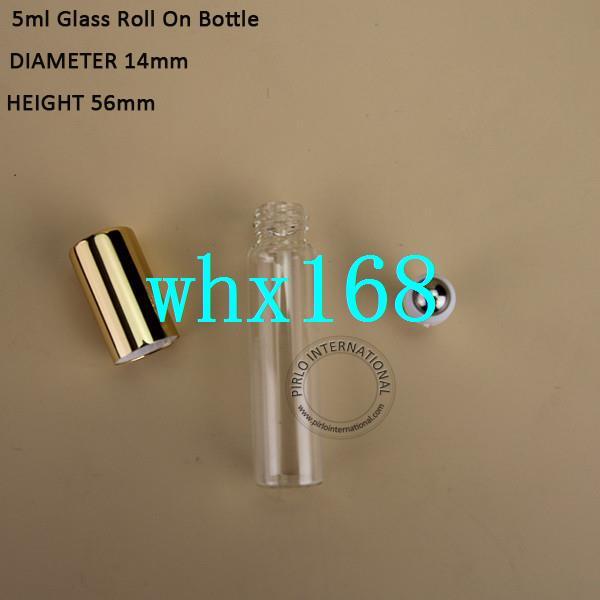 24pcs/Lot Promotion 5ml Glass Roll On Bottle Essential Oil Perfume Small Cosmetic Container Golden lid Min Empty Refillable Box