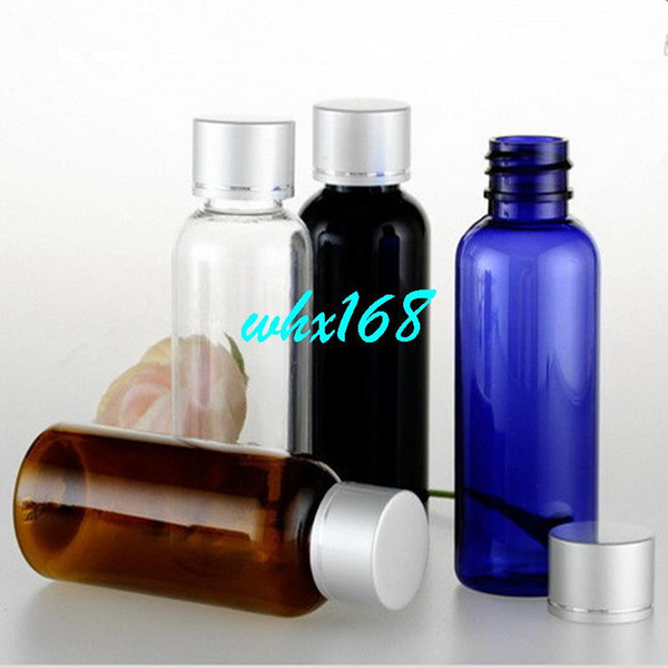 50PCS/lot 50ml Plastic Empty Emulsion Bottle Cobalt Blue Amber Bottle Round Shoulder PET Bottle With Aluminum Anodized Cover Cap