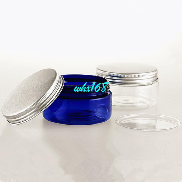 50pcs/lot 100g Empty Cream Jars PET Cream Jar Bottle Clear / Blue Cream Box Makeup maquiagem Aluminum Lid (with PVC Inner Cover)