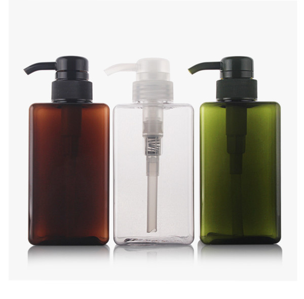 450ml clear/brown/green PET square bottle with black/clear lotion pump,cosmetic bottle,for liquid and lotion cream
