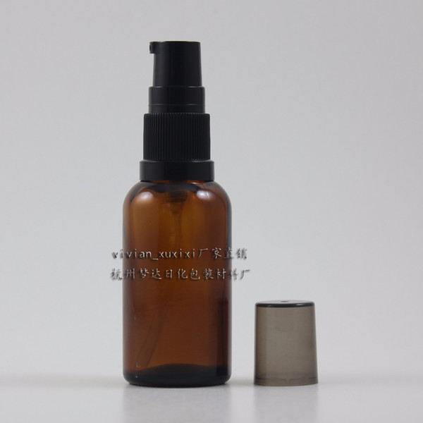 50pcs wholesale 30 ml round amber glass lotion packaging with black plastic pump, 30ml epty cosmetic glass lotion cream bottle