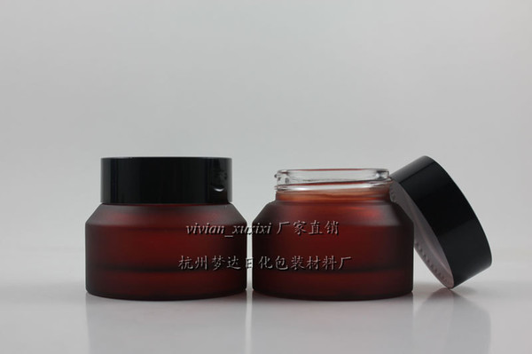 30pcs wholesale 30g rose red frosted glass cream jar with black aluminum lid, 30g cosmetic jar for eye cream,30g glass bottle