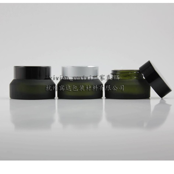 30pcs wholesale 15g olive green frost glass cream jar with black or silver aluminum lid, empty glass 15 g cosmetic sample jar