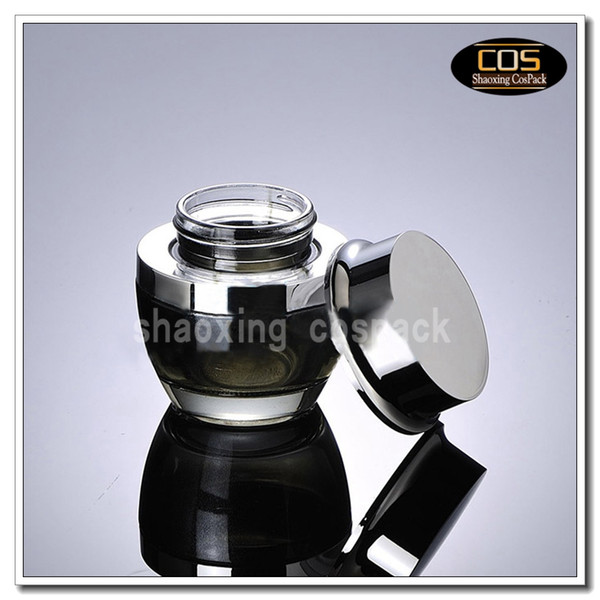 50pcs/lot 50g black glass cream jar with shiny silver aluminum lid, 50 gram cosmetic jar,packing for sample/eye cream,50g bottle