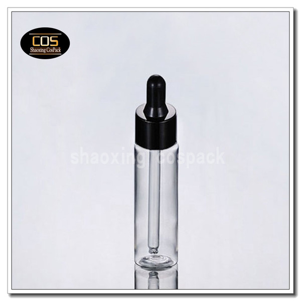 100pcs Online sale 1oz empty clear plastic cosmetic bottle with black rubber dropper, 30ml plastic cosmetic dropper packaging