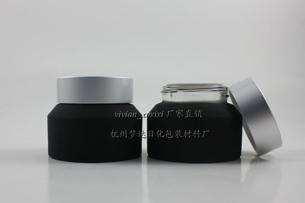 50g black frosted glass cream jar with matte silver aluminum lid, 50 g cosmetic jar for mask eye cream,50g black glass container