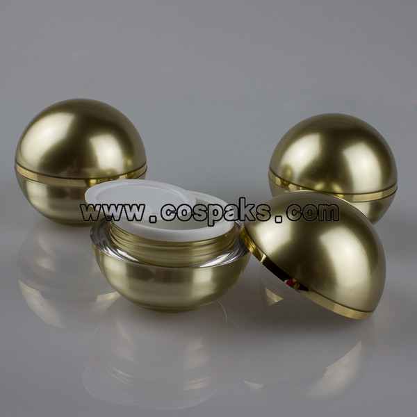 100pcs Retail 15ml Gold Cosmetic Container in ball shape, buy 15 ml acrylic ball jars , acrylic 15g cheap ball jars wholesale