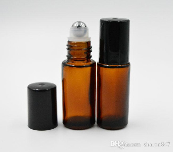 Amber Brown 5ml 1/6oz MINI ROLL ON fragrance PERFUME bottle Thick GLASS BOTTLE ESSENTIAL OIL Aromatherapy bottle Steel Metal Roller ball