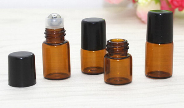 1ml 2ml amber brown Glass Bottle With steel ball roller+ black plastic lid roll-on/perfume/deodorant bottle glass container 500pcs/lot