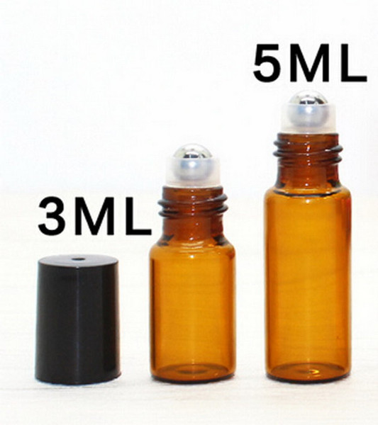 300pcs/ lot 3ml 5ml Amber Glass Roller Bottles With Metal Ball for Essential Oil Aromatherapy Perfumes Bottles- Perfect Size for Travel